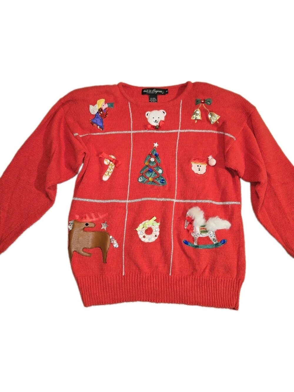 christmas sweater women Vtg Sz M Symbols Sequins 80s 90s Ugly